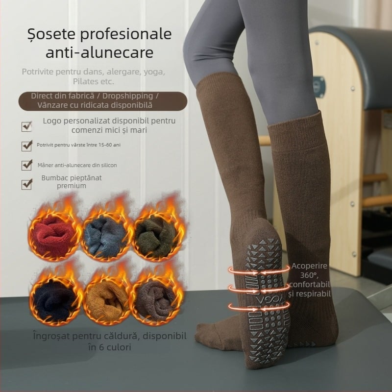 Șosete de yoga antiderapante din silicon, lungime înaltă, groase pentru toamnă și iarnă, pentru fitness în interior, dans și Pilates
