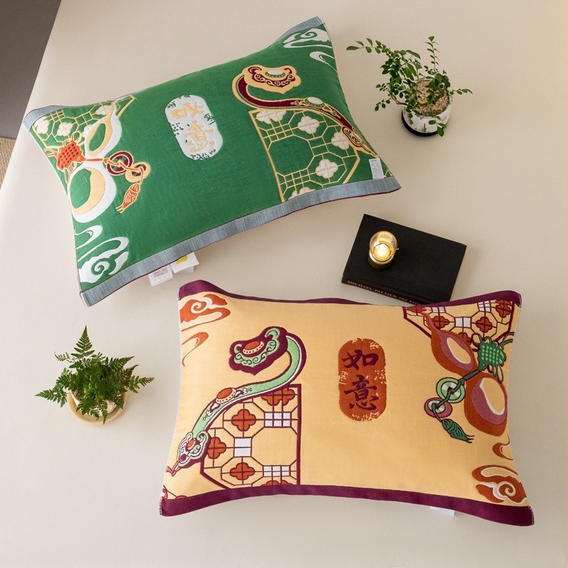 Husă pentru pernă din bumbac, tifon cu opt straturi, pentru cupluri, design drăguț de desene animate, moale și respirabilă