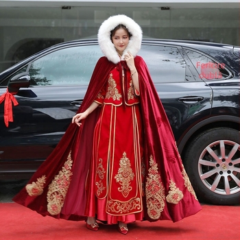 Hanfu Xiuhe pelerină cu guler de blană, velur, twill, stil retro, origine Suzhou