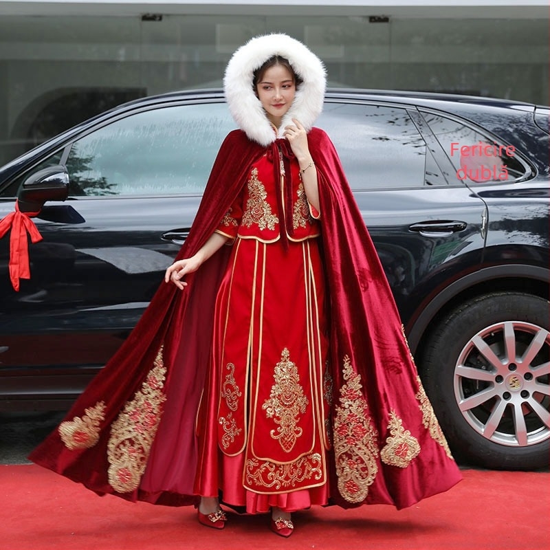Hanfu Xiuhe pelerină cu guler de blană, velur, twill, stil retro, origine Suzhou