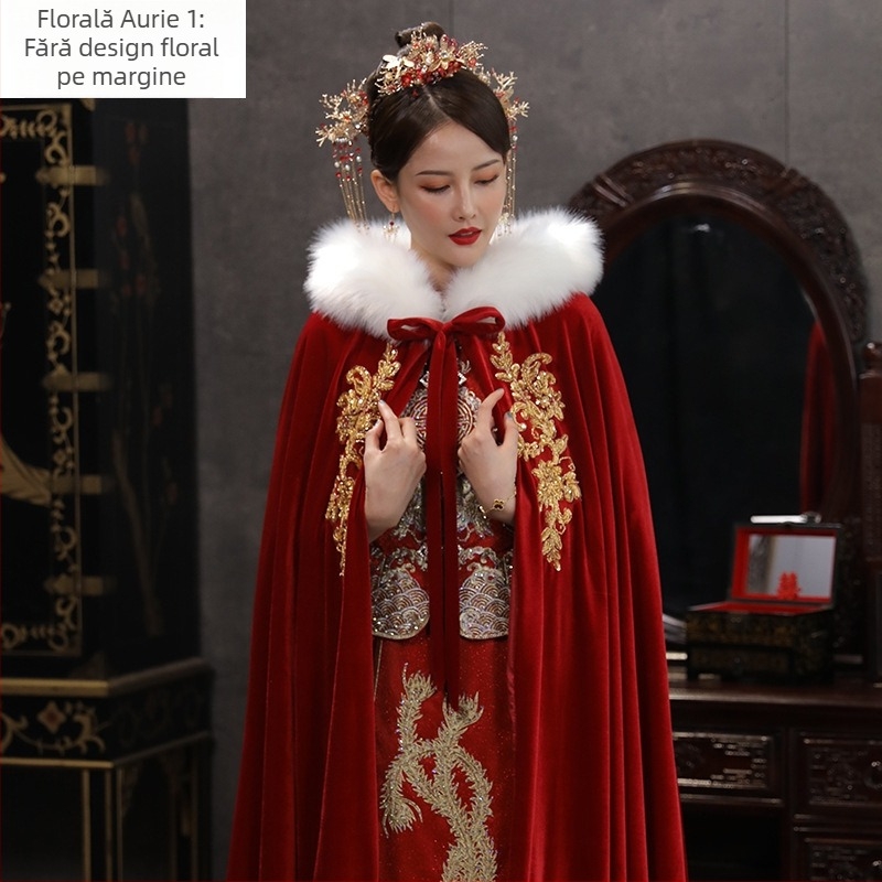 Hanfu Xiuhe pelerină cu guler de blană, velur, twill, stil retro, origine Suzhou