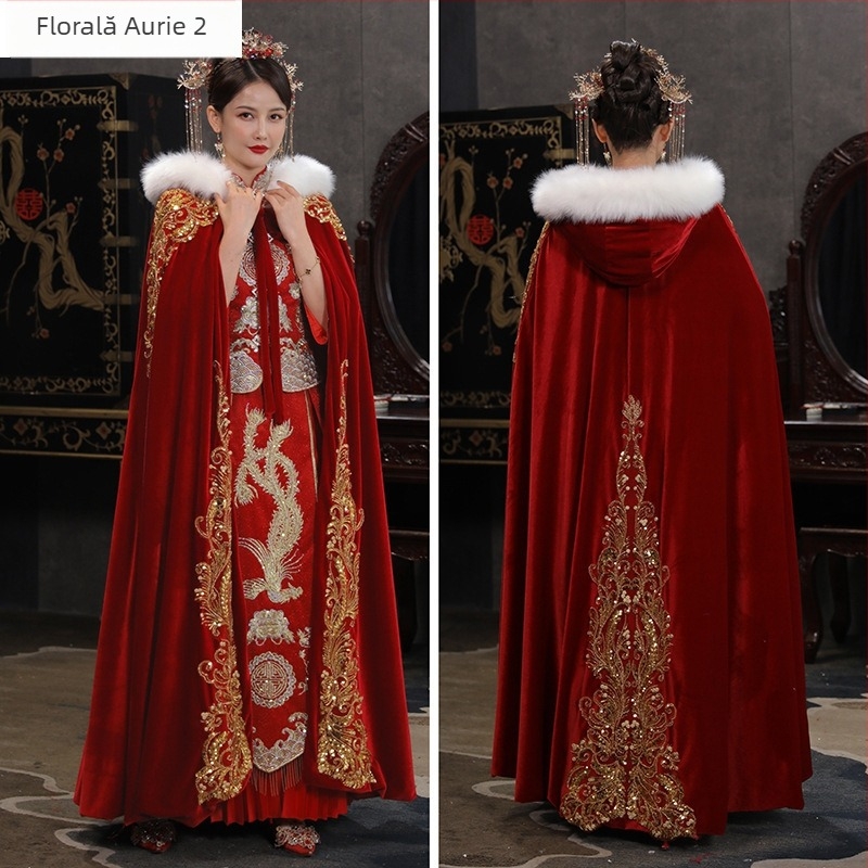 Hanfu Xiuhe pelerină cu guler de blană, velur, twill, stil retro, origine Suzhou