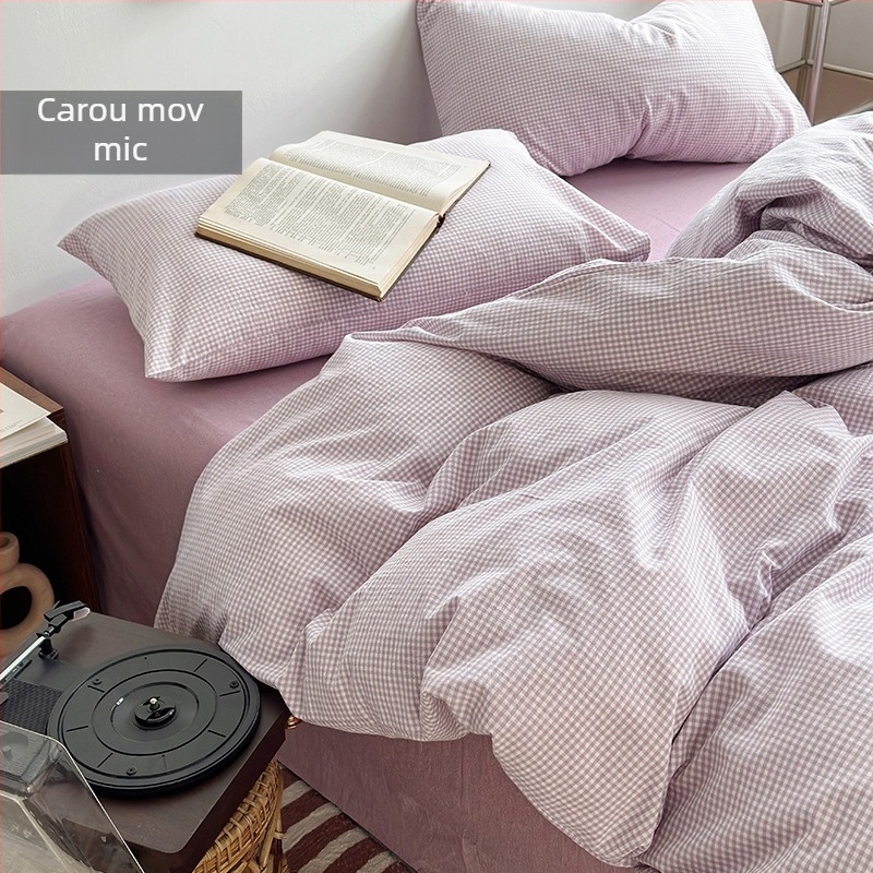 Set Muji din bumbac 100% – patru piese: husă de pilotă, cearșaf plat, cearșaf cu elastic și fețe de pernă; culori solide și modele în carouri