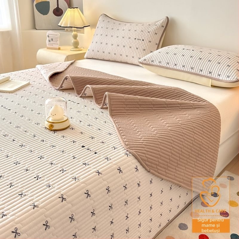 Set de trei piese pentru pat, cuvertură quilted antialunecare, model în dungi, fibră de poliester, vopsire reactivă, reversibil
