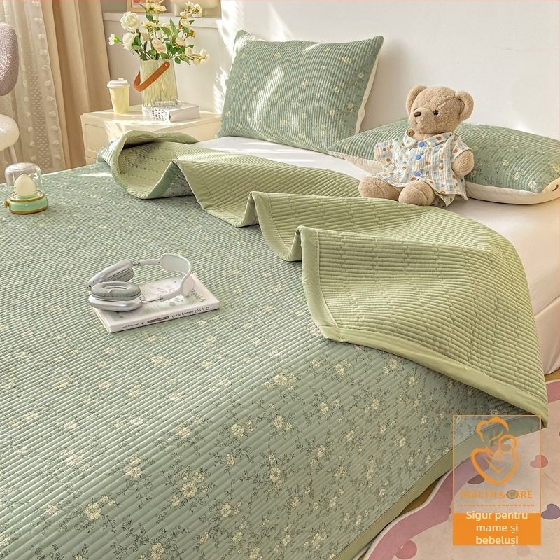 Set de trei piese pentru pat, cuvertură quilted antialunecare, model în dungi, fibră de poliester, vopsire reactivă, reversibil