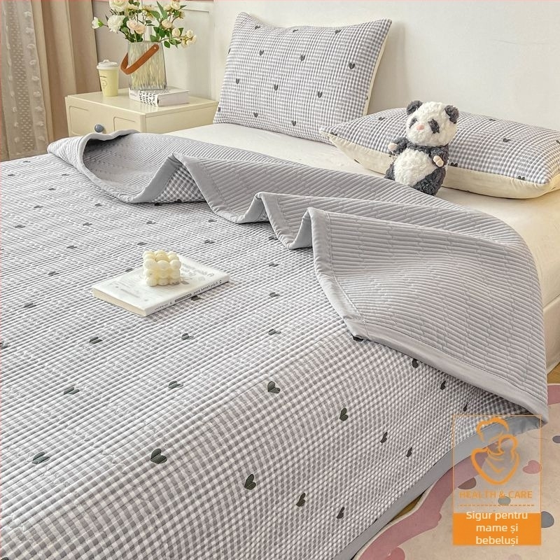 Set de trei piese pentru pat, cuvertură quilted antialunecare, model în dungi, fibră de poliester, vopsire reactivă, reversibil