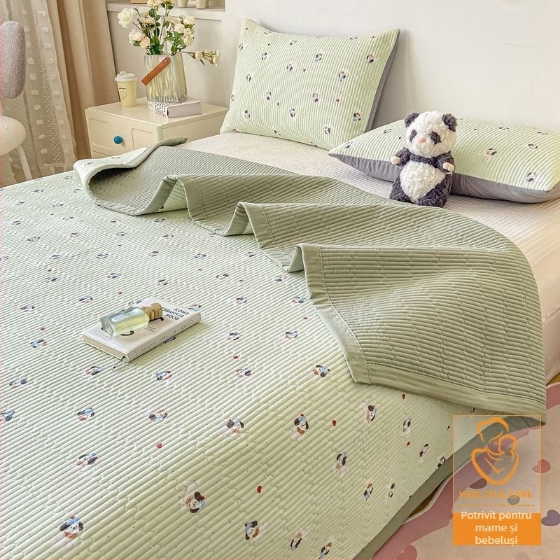 Set de trei piese pentru pat, cuvertură quilted antialunecare, model în dungi, fibră de poliester, vopsire reactivă, reversibil