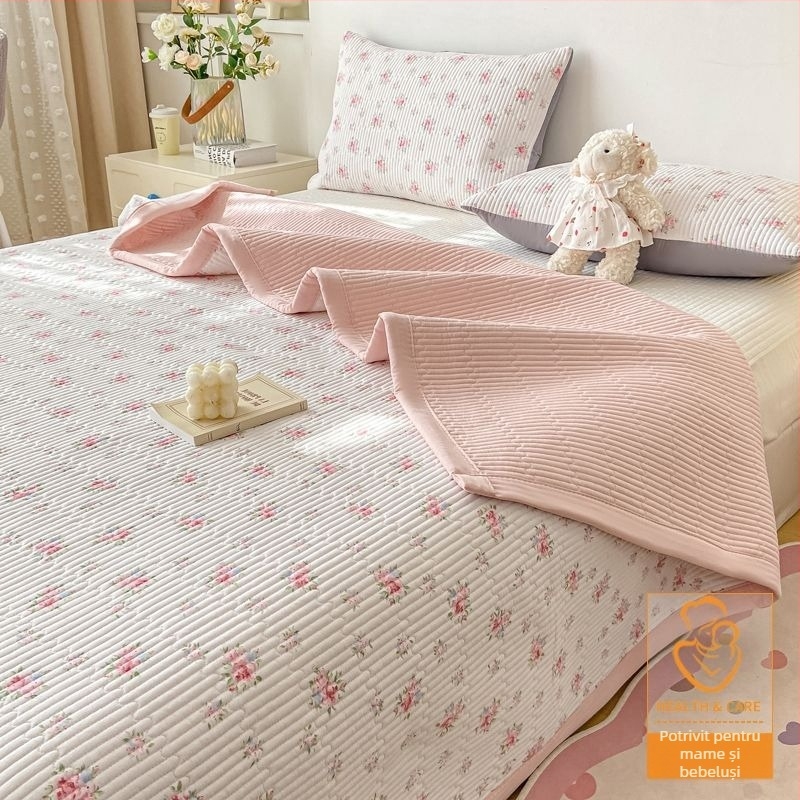 Set de trei piese pentru pat, cuvertură quilted antialunecare, model în dungi, fibră de poliester, vopsire reactivă, reversibil