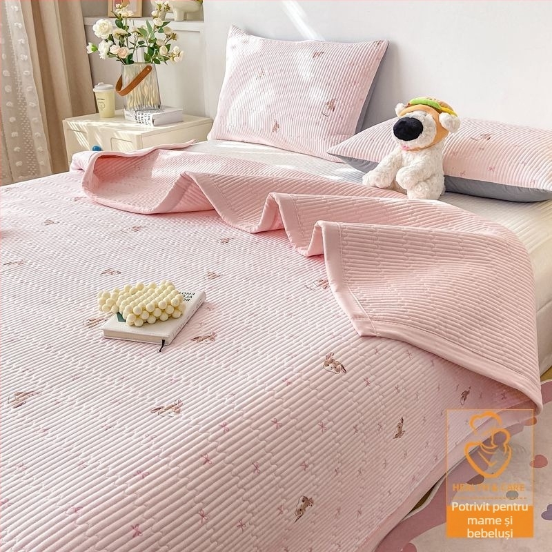 Set de trei piese pentru pat, cuvertură quilted antialunecare, model în dungi, fibră de poliester, vopsire reactivă, reversibil
