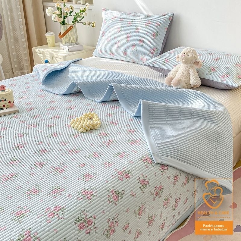 Set de trei piese pentru pat, cuvertură quilted antialunecare, model în dungi, fibră de poliester, vopsire reactivă, reversibil