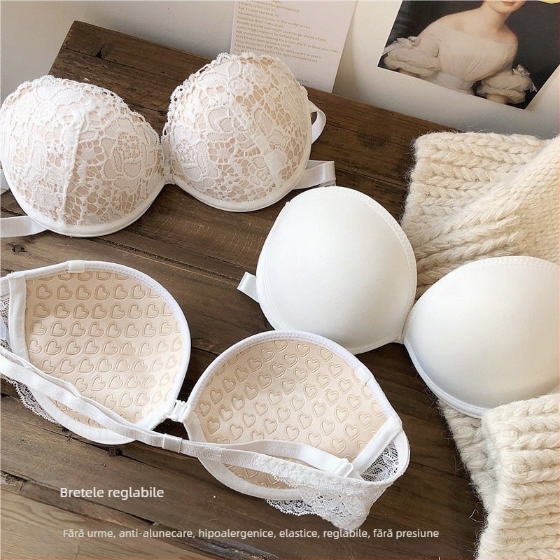 Sutien fără bretele, fără spate, push-up invizibil, cupă 3/4, cu inel metalic