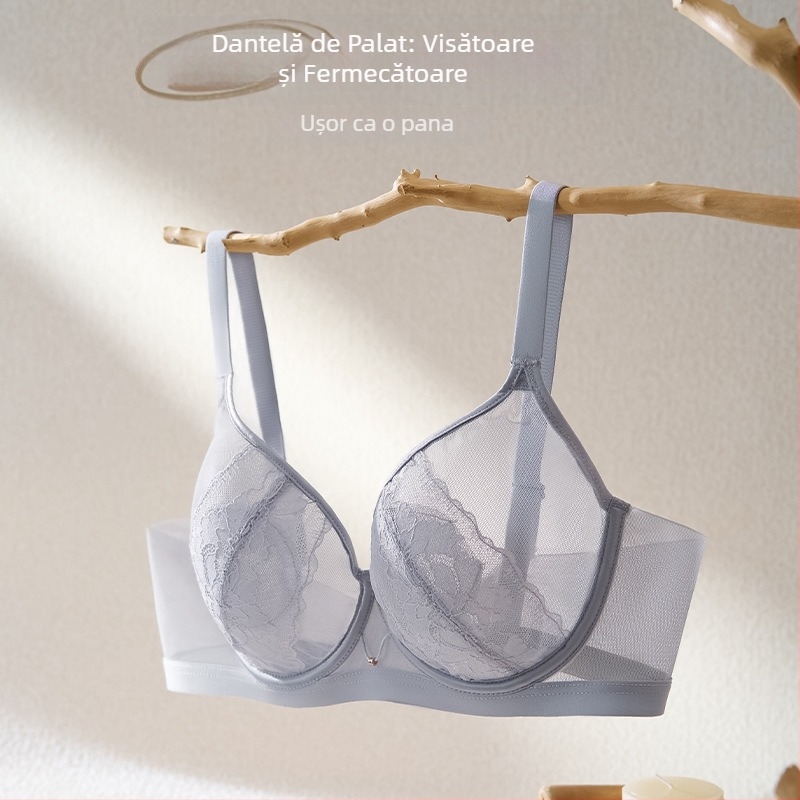 Set sutien dantelat, fără burete, cu inel moale de oțel pentru susținere, cupă 3/4, material nailon, închidere spate cu patru rânduri de cârlige și ochi