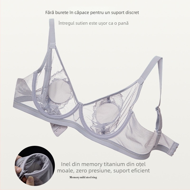 Set sutien dantelat, fără burete, cu inel moale de oțel pentru susținere, cupă 3/4, material nailon, închidere spate cu patru rânduri de cârlige și ochi