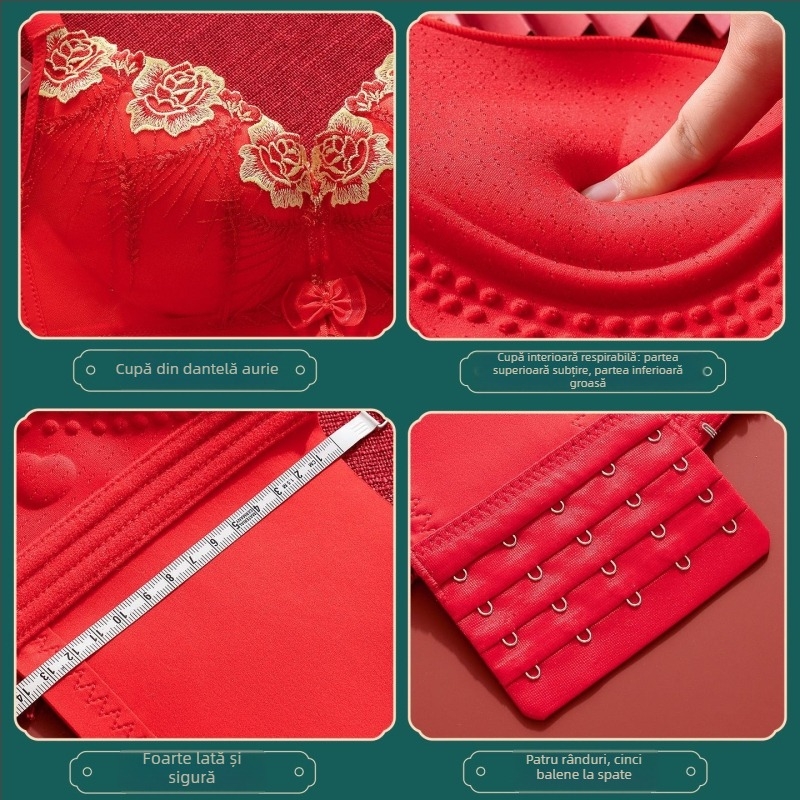 Set de lenjerie roșie pentru mireasă, fără sârmă, cu efect de ridicare, suport lateral, sutien cu cupă 3/4, dantelă