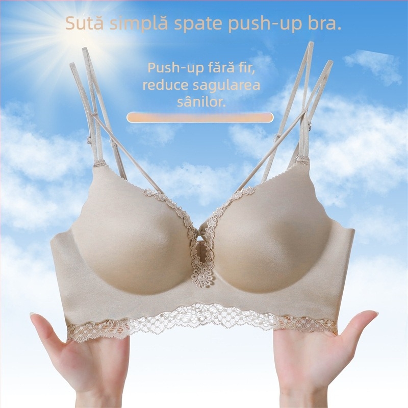 Sutien franțuzesc din dantelă, cupe 3/4, burete gros, material nylon, bretele fixe duble, susținere pentru spate