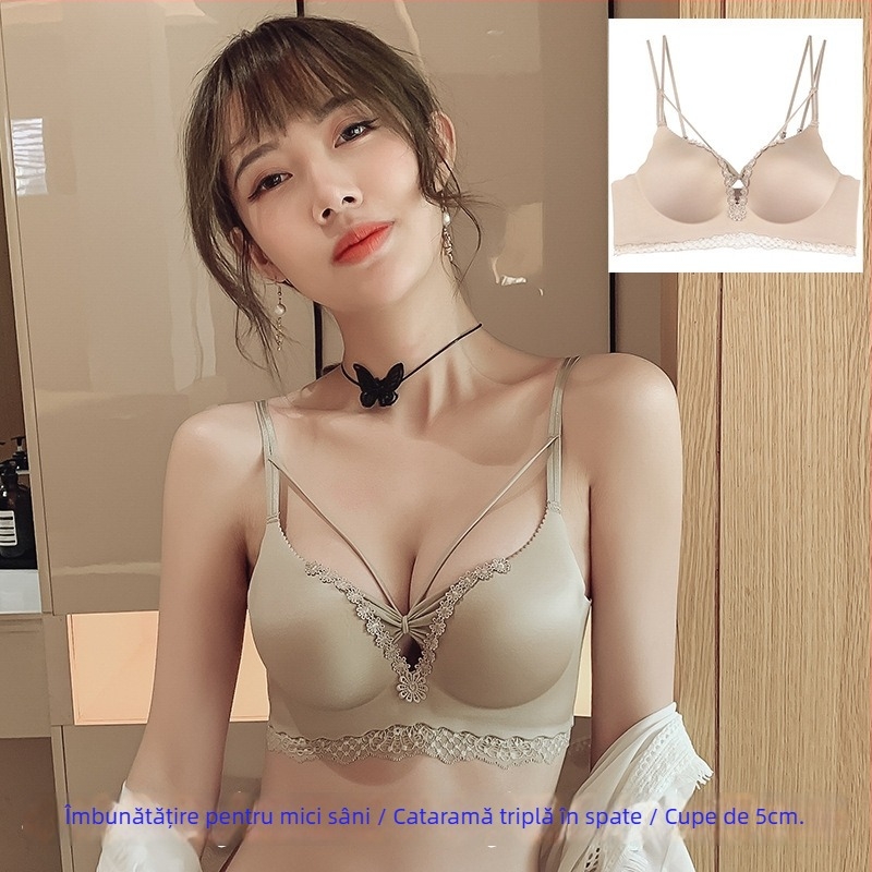 Sutien franțuzesc din dantelă, cupe 3/4, burete gros, material nylon, bretele fixe duble, susținere pentru spate