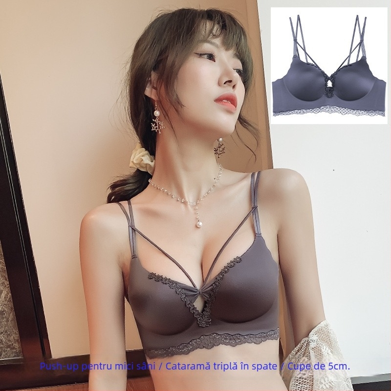 Sutien franțuzesc din dantelă, cupe 3/4, burete gros, material nylon, bretele fixe duble, susținere pentru spate
