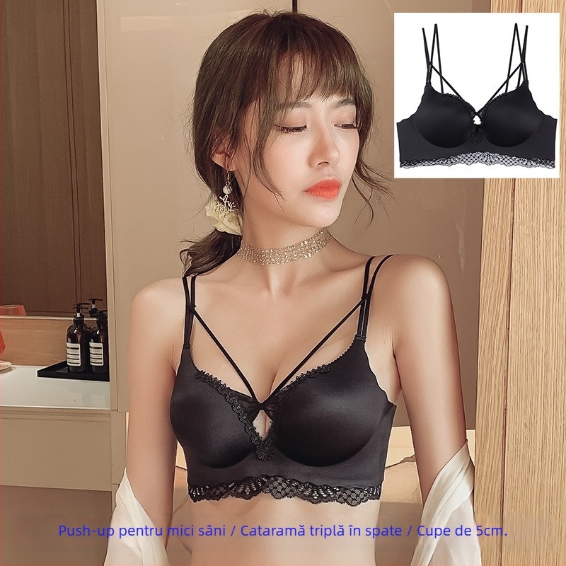 Sutien franțuzesc din dantelă, cupe 3/4, burete gros, material nylon, bretele fixe duble, susținere pentru spate