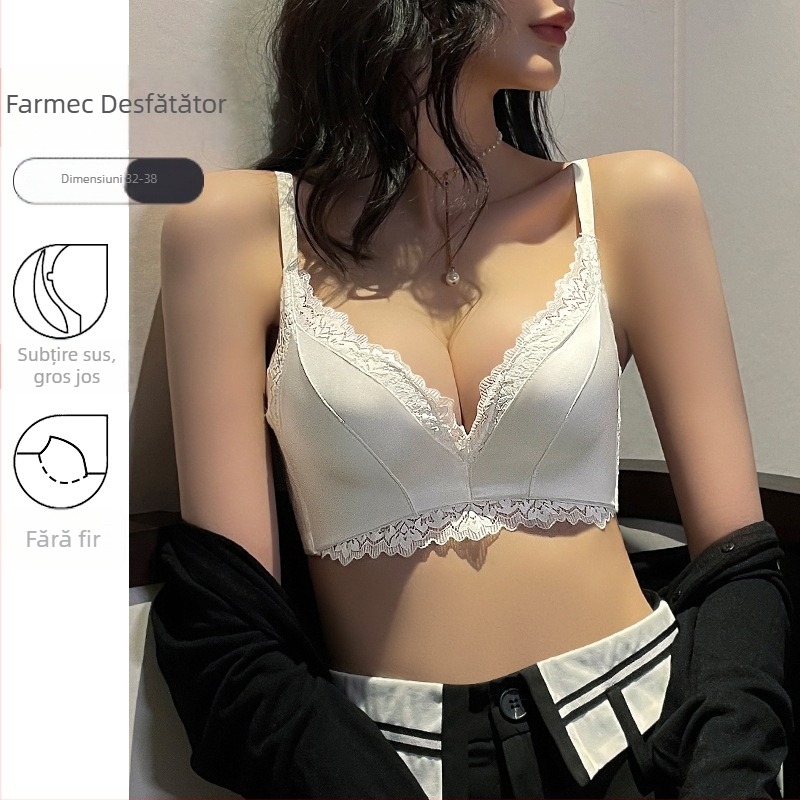 Set de sutiene fără armături cu dantelă pentru mic bust, cupa 3/4, material nailon, bretele fixe duble