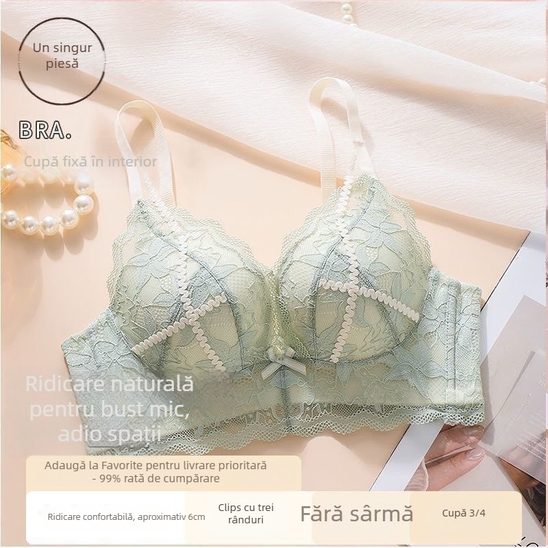 Set de sutien din dantelă, push-up îngroșat de 5 cm, cupe 3/4 pentru un bust rotund