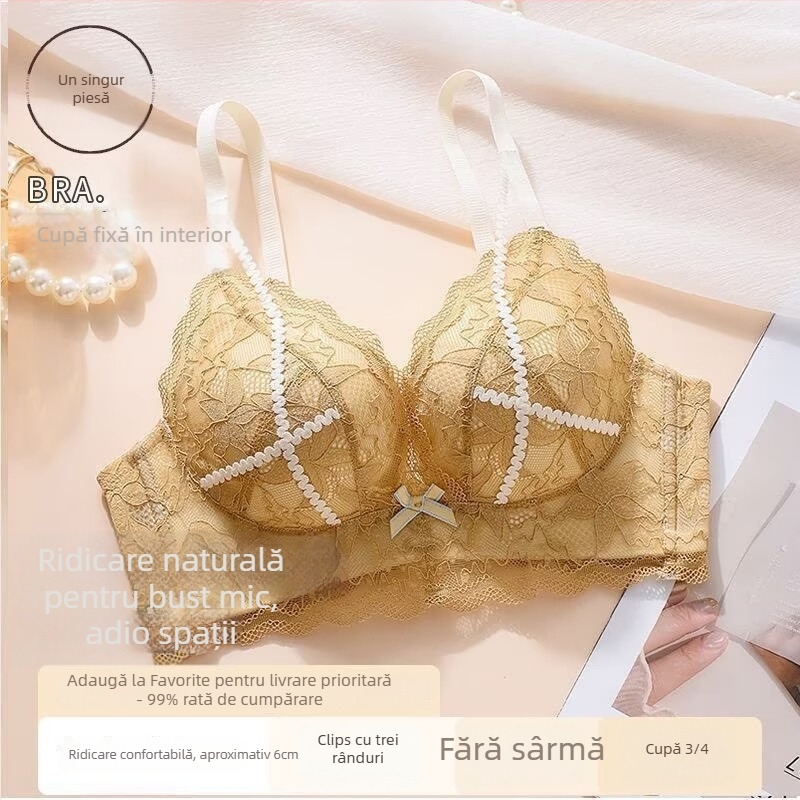 Set de sutien din dantelă, push-up îngroșat de 5 cm, cupe 3/4 pentru un bust rotund