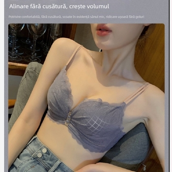 Sutien wireless din dantelă, push-up, cupă 3/4, bretele detașabile dublu, închidere spate cu trei rânduri de cârlige, dantelă nylon, căptușeală din spandex