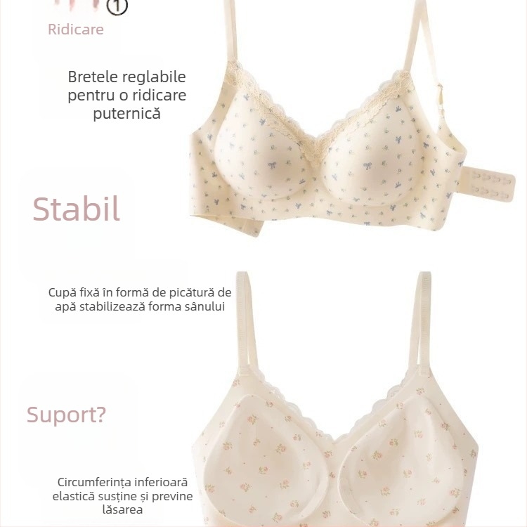 Sutien fără sârmă, cu dantelă florală, pentru mic bust, confortabil, susținere ușoară și anti lăsare