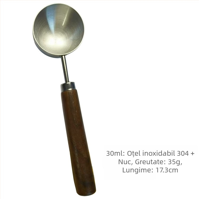 Lingură de măsurat cafea cu cap rotund și mâner din nuc, din oțel inoxidabil 304, pentru boabe de cafea și pudră de lapte