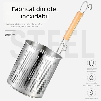Lingură cu sită din oțel inoxidabil, mâner din lemn – antiderapant, anti-arzire, potrivită pentru tăiței și legume