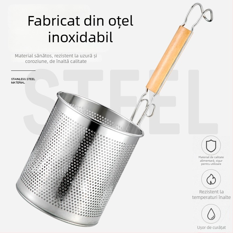 Lingură cu sită din oțel inoxidabil, mâner din lemn – antiderapant, anti-arzire, potrivită pentru tăiței și legume
