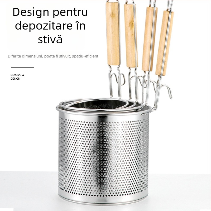 Lingură cu sită din oțel inoxidabil, mâner din lemn – antiderapant, anti-arzire, potrivită pentru tăiței și legume