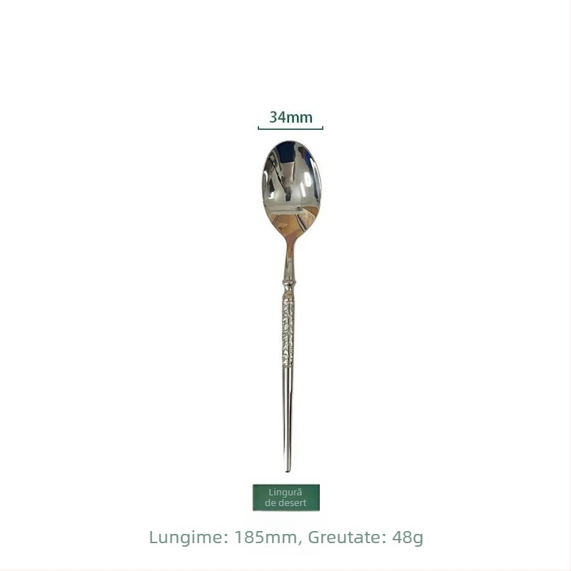 Set de tacâmuri occidentale din oțel inoxidabil 304, textură ciocan, finisaj oglindă, fabricat manual, stil lux ușor retro, cu cuțit pentru steak, furculiță și lingură, lingură de desert și furculiță