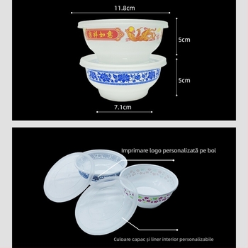 Set de farfurii și tacâm din plastic, rotunde, PP alimentar, include boluri și bețișoare, imprimare logo disponibil, pentru banchete și nunți