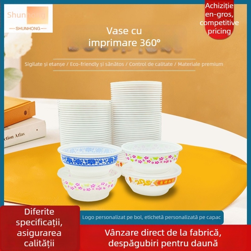Set de farfurii și tacâm din plastic, rotunde, PP alimentar, include boluri și bețișoare, imprimare logo disponibil, pentru banchete și nunți