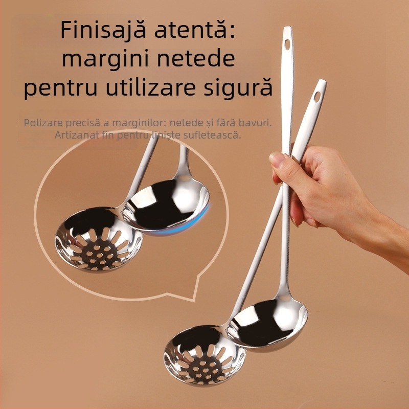 Lingură de supă din oțel inoxidabil, cu strecurătoare, mâner lung, pentru hot pot și terci, cu cârlig, dimensiuni mari și medii