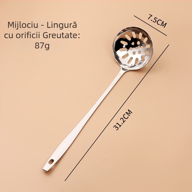 Lingură de supă din oțel inoxidabil, cu strecurătoare, mâner lung, pentru hot pot și terci, cu cârlig, dimensiuni mari și medii