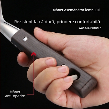 Set din oțel inoxidabil: lingură de supă și spatulă cu mâner imitat lemn, lingură cu orificii