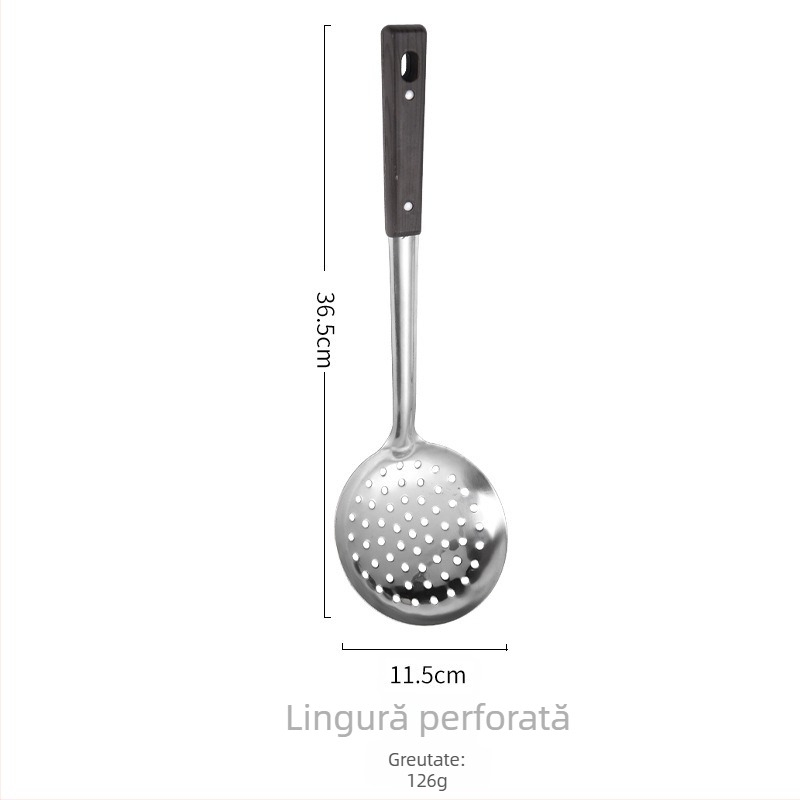 Set din oțel inoxidabil: lingură de supă și spatulă cu mâner imitat lemn, lingură cu orificii