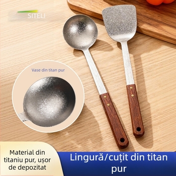 Set lingură și spatulă din titan pur, mâner din lemn de trandafir, anti-arzire, două piese, ustensile de bucătărie ușoare