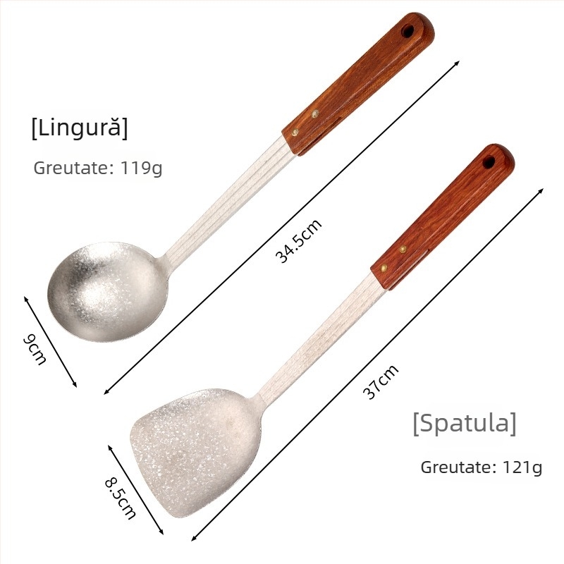 Set lingură și spatulă din titan pur, mâner din lemn de trandafir, anti-arzire, două piese, ustensile de bucătărie ușoare