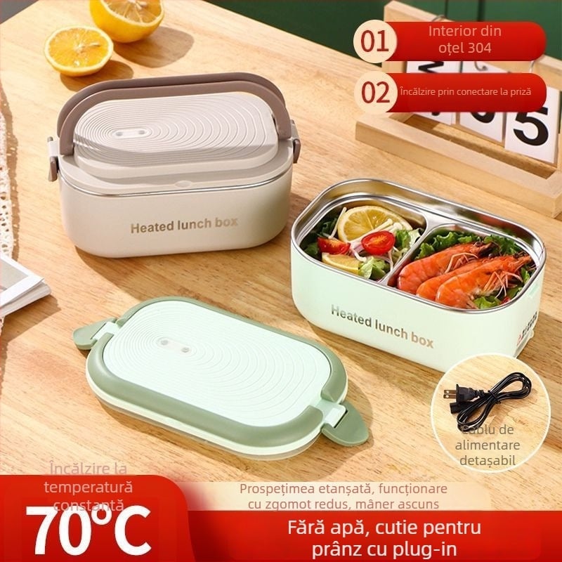Cutie de prânz electrică portabilă cu încălzire fără apă, capacitate 1.1–1.2 L, 18 W, 220 V, vas interior din oțel inoxidabil 304, izolație cu două straturi