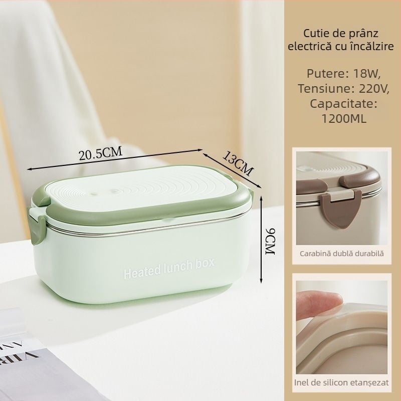 Cutie de prânz electrică portabilă cu încălzire fără apă, capacitate 1.1–1.2 L, 18 W, 220 V, vas interior din oțel inoxidabil 304, izolație cu două straturi