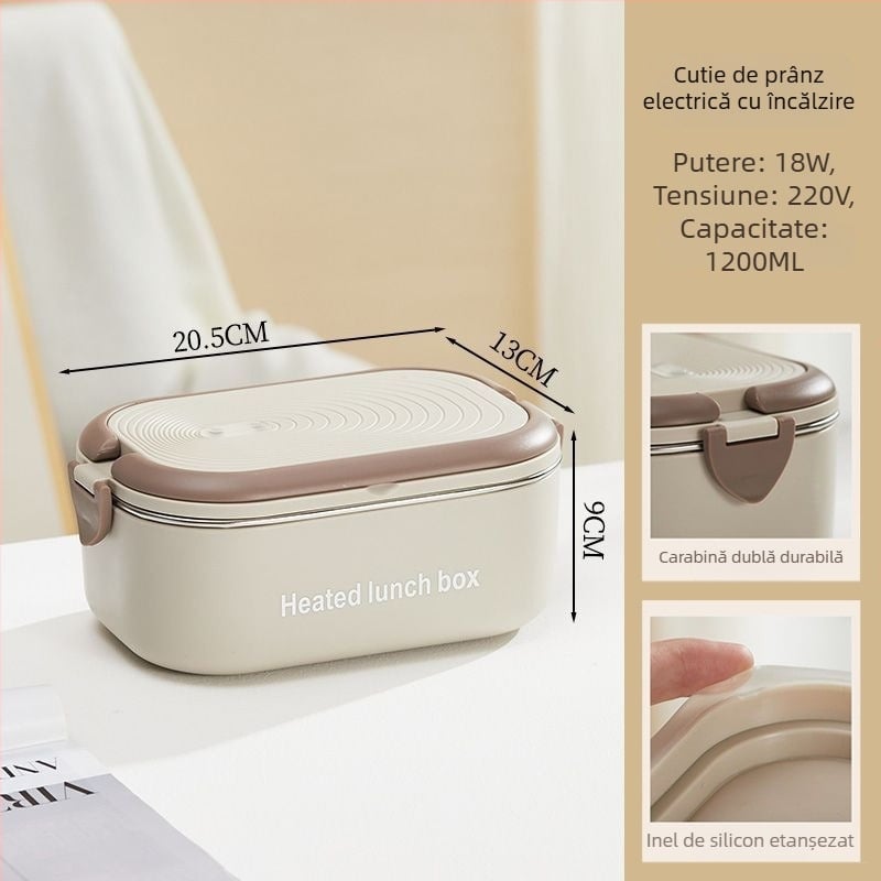 Cutie de prânz electrică portabilă cu încălzire fără apă, capacitate 1.1–1.2 L, 18 W, 220 V, vas interior din oțel inoxidabil 304, izolație cu două straturi