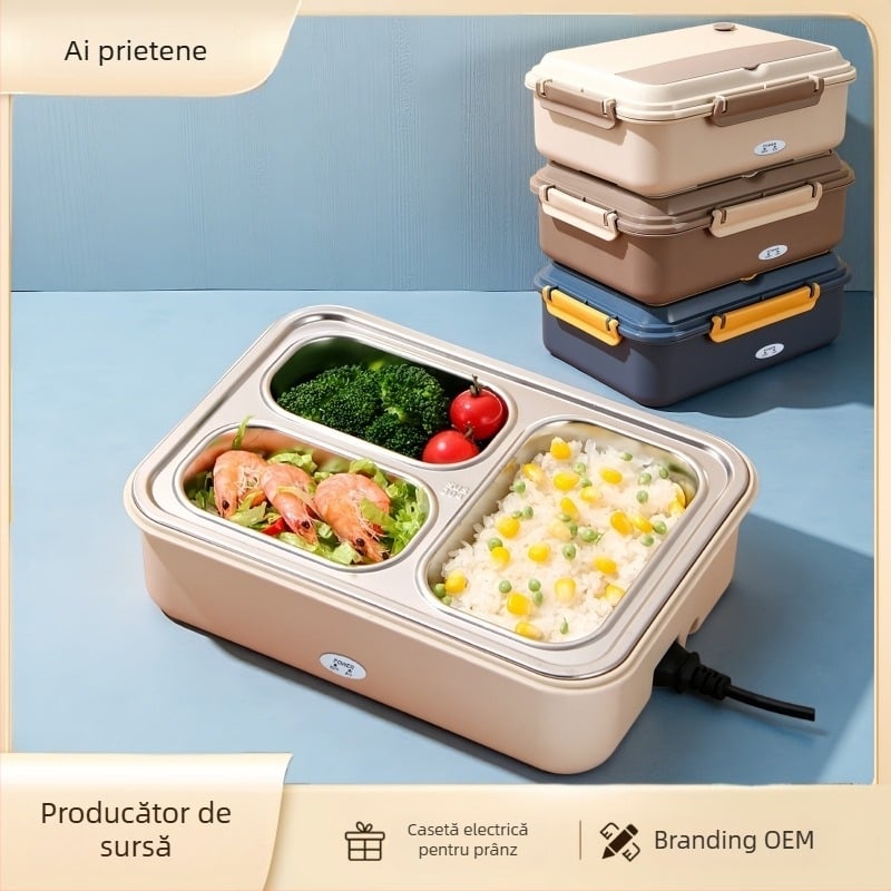 Cutie electrică de prânz cu încălzire fără apă, vas interior din oțel inoxidabil 304, capacitate 1,1–1,2 L, 50 W, 220 V, alimentare din mașină