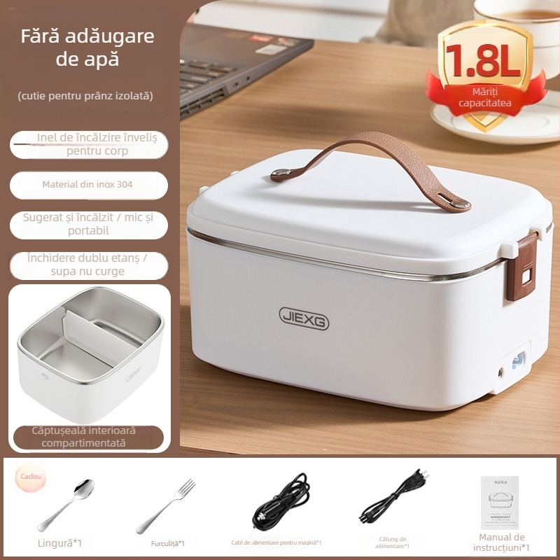 JIEXG FH-A15 Cutie electrică pentru prânz, încălzire fără apă, capacitate 1.6–2.0 L, vas interior din oțel inoxidabil 304, carcasă din plastic PP, tensiune 12V/24V/220V, putere 40W