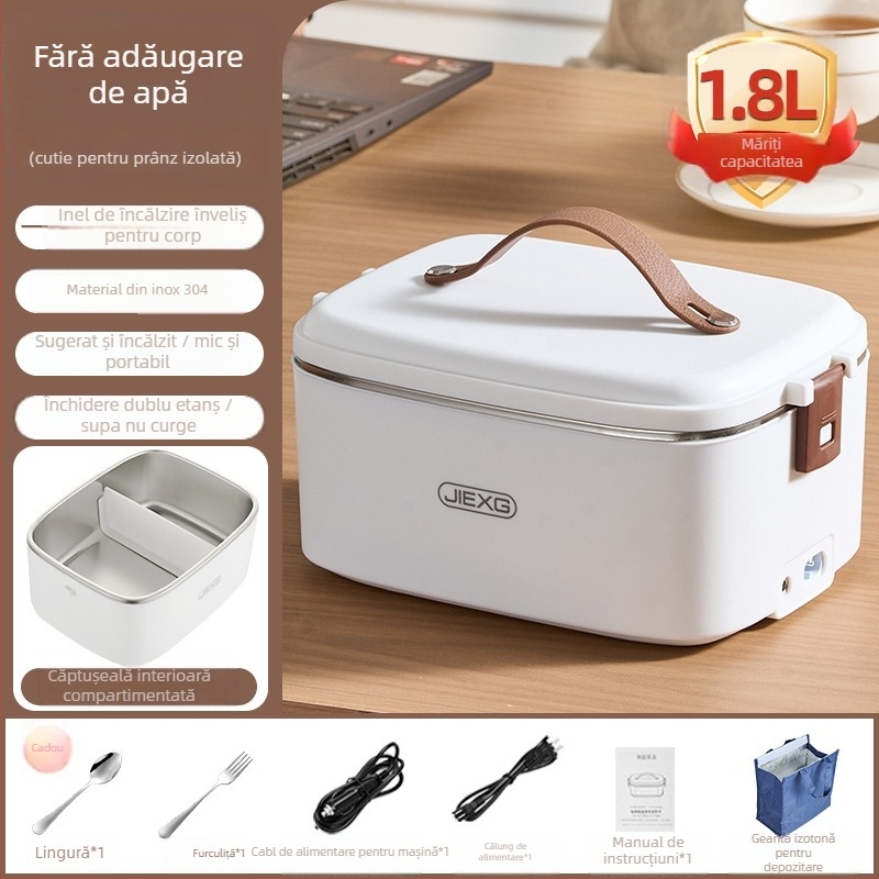 JIEXG FH-A15 Cutie electrică pentru prânz, încălzire fără apă, capacitate 1.6–2.0 L, vas interior din oțel inoxidabil 304, carcasă din plastic PP, tensiune 12V/24V/220V, putere 40W