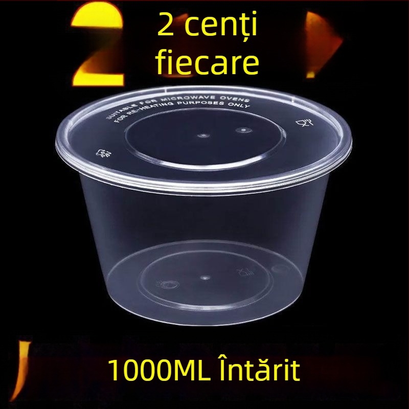 Cutie de prânz de unică folosință, rotundă, 1000 ml, din plastic, transparentă, cu bol pentru supă, pentru take-away