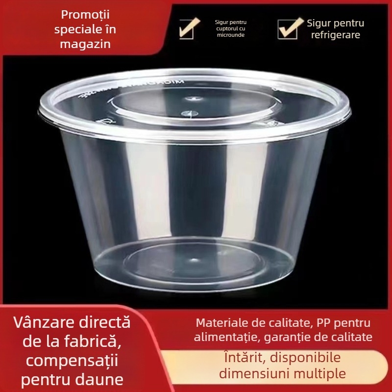 Cutie de prânz de unică folosință, rotundă, 1000 ml, din plastic, transparentă, cu bol pentru supă, pentru take-away