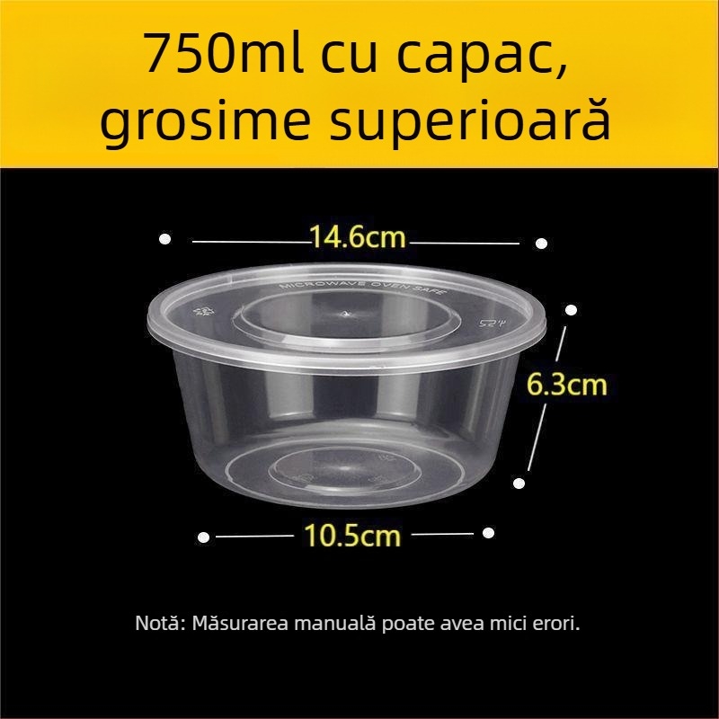 Cutie de prânz de unică folosință, rotundă, 1000 ml, din plastic, transparentă, cu bol pentru supă, pentru take-away