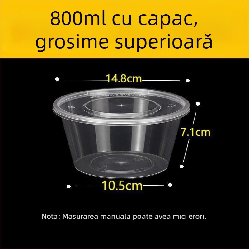 Cutie de prânz de unică folosință, rotundă, 1000 ml, din plastic, transparentă, cu bol pentru supă, pentru take-away